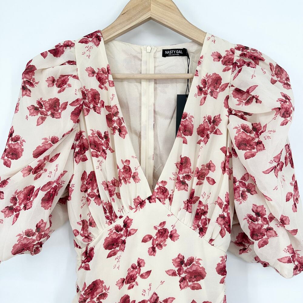 Nasty Gal Floral Puff Sleeve Wrap Mini Dress V-Neck Ruched Ruffle, Pastel Pink - Picture 6 of 11